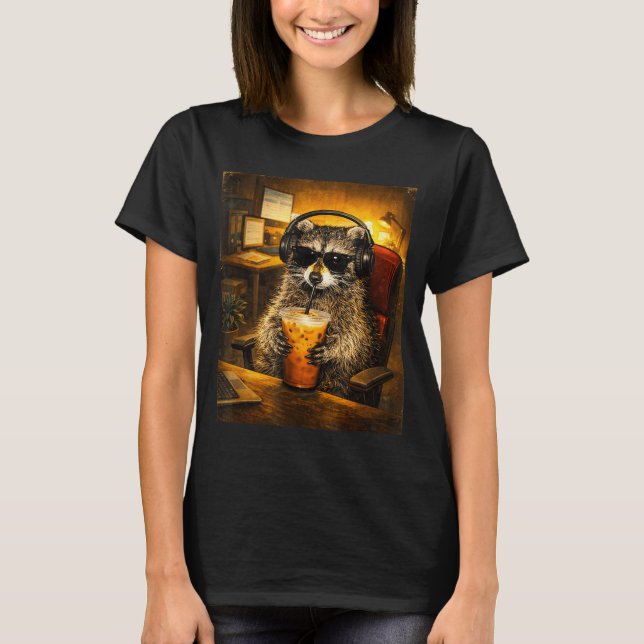 Racoon drinking iced coffee funny caffeine lover T-Shirt (Front)