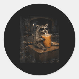 Racoon Drinking Iced Coffee Funny Classic Round Sticker