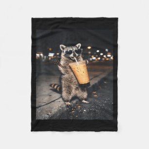 Racoon drinking iced coffee funny for men, women, fleece blanket