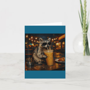 Racoon Drinking Iced Coffee Funny Illustration Card