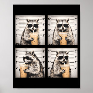 Racoon drinking iced coffee funny mugshot animal poster