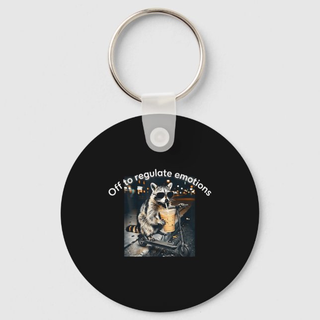 Racoon drinking iced coffee funny off to regulate key ring (Front)