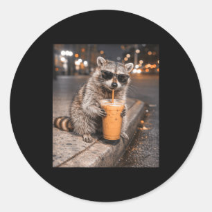Racoon drinking iced coffee meme funny animal for classic round sticker
