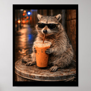 Racoon drinking iced coffee meme funny animal for poster