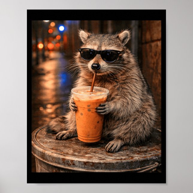 Racoon drinking iced coffee meme funny animal for poster (Front)