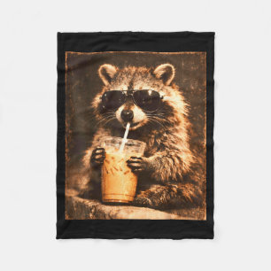 Racoon drinking iced coffee vintage style look  fleece blanket