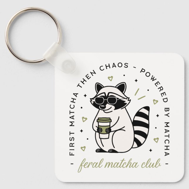 Racoon drinking matcha club funny kawaii animal key ring (Front)