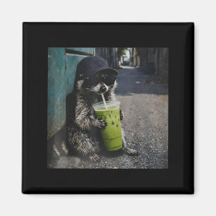 Racoon drinking matcha latte funny animal meme me magnet