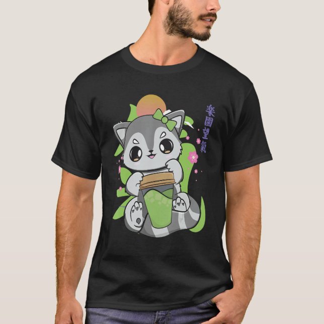 Racoon Drinking Mochi And Milk Tea For Boba T-Shirt (Front)