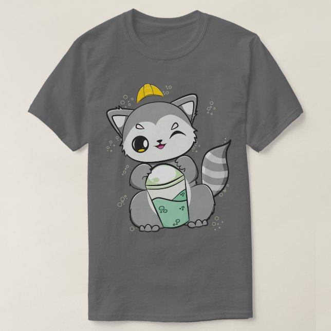 Racoon Drinks Boba For Construction Worker Premium T-Shirt (Design Front)