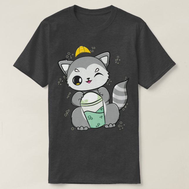 Racoon Drinks Boba For Construction Worker Premium T-Shirt (Design Front)