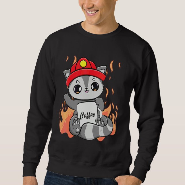 Racoon Drinks Coffee With Caffeine For Firefighter Sweatshirt (Front)