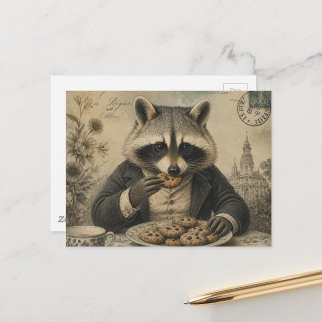 Racoon Eating Cookies Vintage  Postcard (Front/Back In Situ)