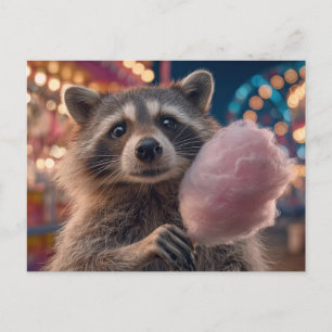 Racoon eating cotton candy at amusement park postcard