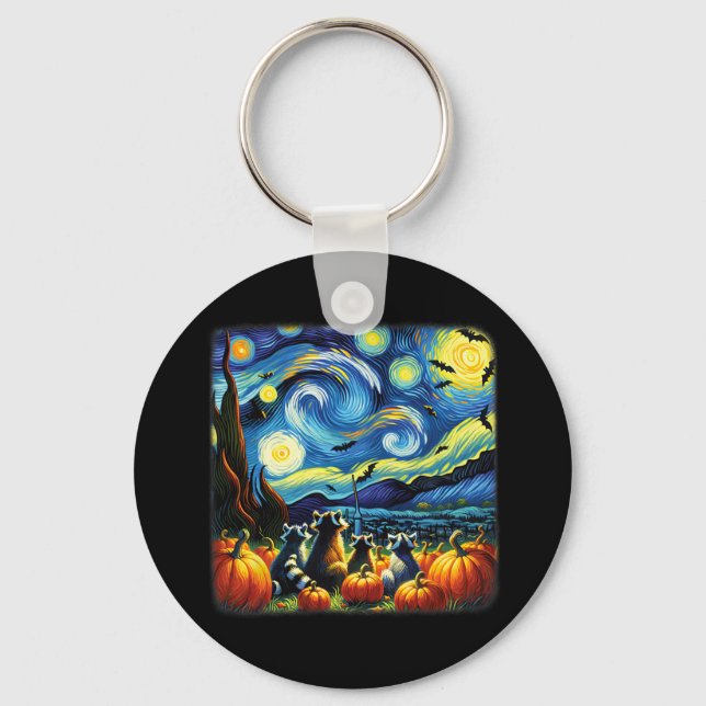 Racoon Fall Halloween Van Gogh Starry Night Pumpk Key Ring (Front)