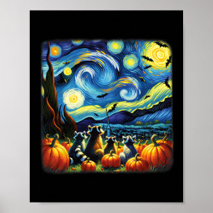 Racoon Fall Halloween Van Gogh Starry Night Pumpk Poster