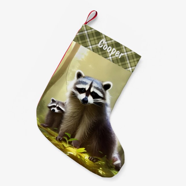 Racoon Family Wildlife Portrait Personalised  Small Christmas Stocking (Front (Hanging))