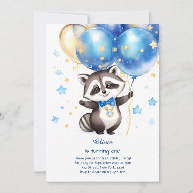 Racoon First Birthday Invitation (Front)