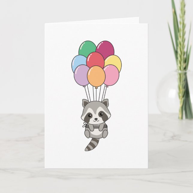 Racoon Flies Up With Colourful Balloons Card (Front)