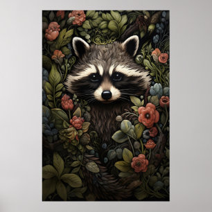 Racoon Floral Botanical Print, Dark Academia Wall Poster