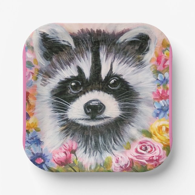 Racoon & flowers paper plate (Front)