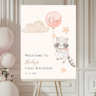 Racoon Flying Balloon Girl First Birthday Welcome Poster
