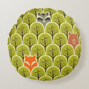 Racoon fox and bear in a forest seamless pattern round cushion