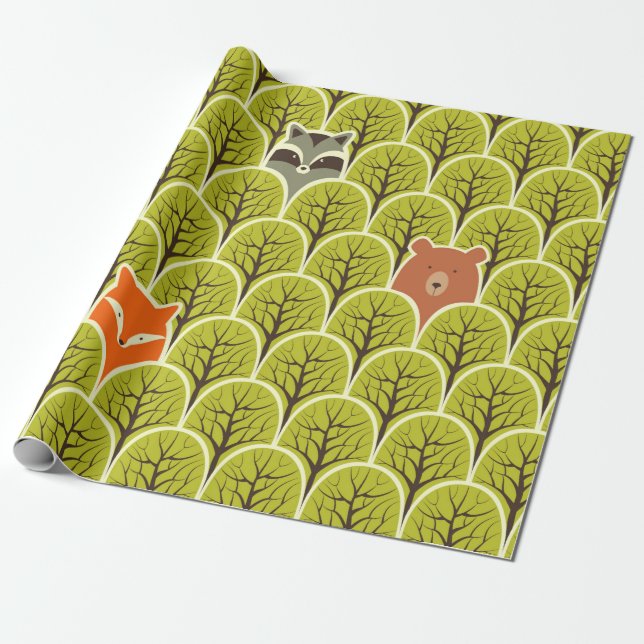 Racoon fox and bear in a forest seamless pattern wrapping paper (Unrolled)