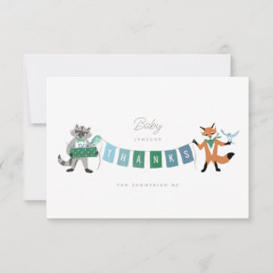 Racoon Fox Forest Friends Blue Baby Shower Thank You Card