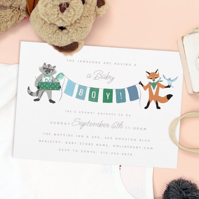 Racoon Fox Forest Friends Boy Blue Baby Shower Invitation (Creator Uploaded)