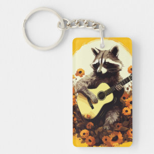 Racoon Guitar Serenade in Sunflowers Key Ring