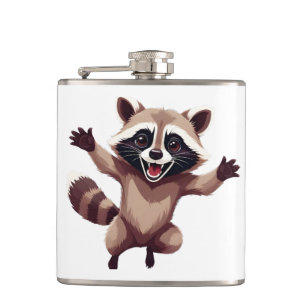 Racoon Happy Playful Fun Jumping In The Air Joy Hip Flask