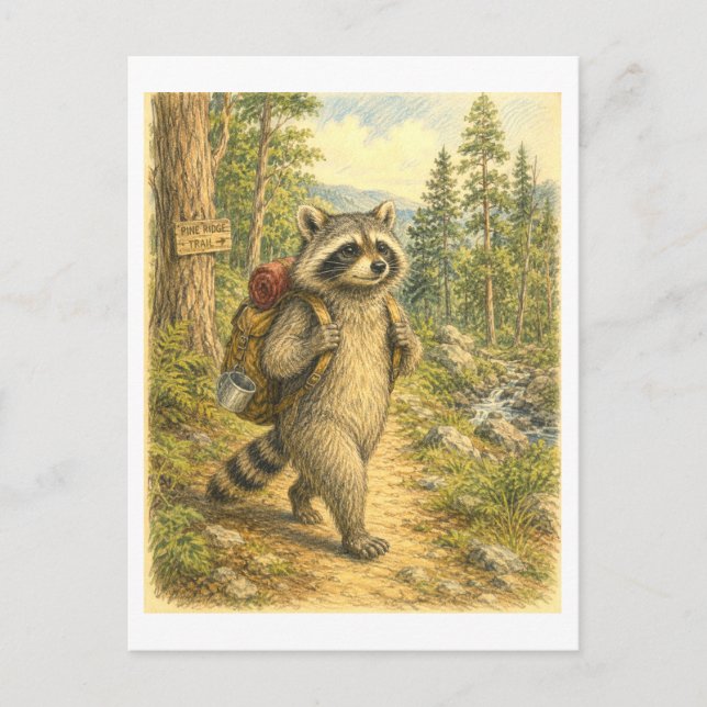 Racoon Hiking Illustration Postcard (Front)