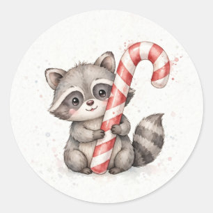 Racoon Holding Giant Candy Cane Classic Round Sticker