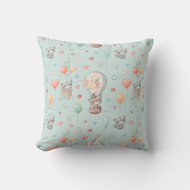 Racoon Hot Air Balloon Throw Pillow (Front)