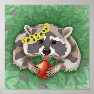 Racoon in a wreath of sunflowers poster