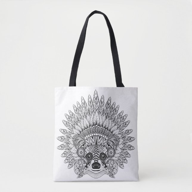 Racoon In Feathered War Bonnet Doodle 2 Tote Bag (Front)