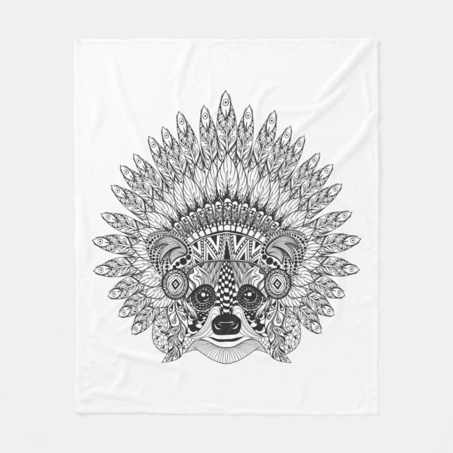 Racoon In Feathered War Bonnet Doodle Fleece Blanket (Front)