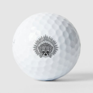 Racoon In Feathered War Bonnet Doodle Golf Balls