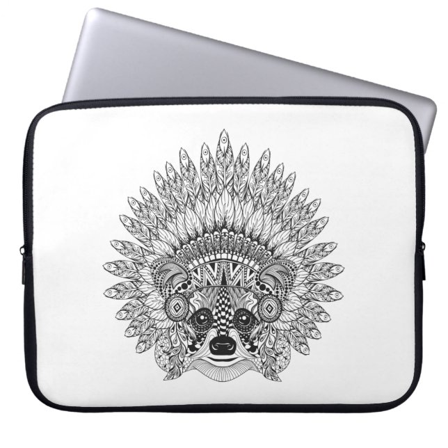 Racoon In Feathered War Bonnet Doodle Laptop Sleeve (Front)