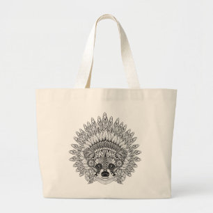 Racoon In Feathered War Bonnet Doodle Large Tote Bag