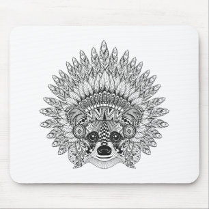 Racoon In Feathered War Bonnet Doodle Mouse Pad