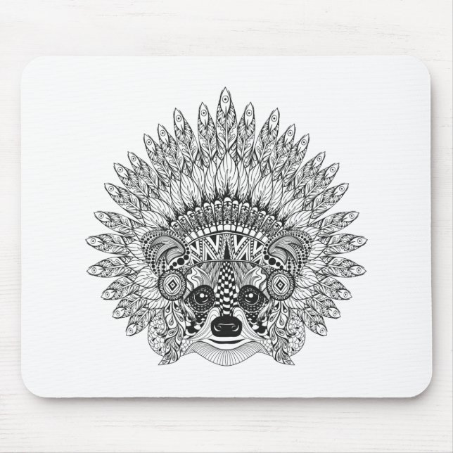 Racoon In Feathered War Bonnet Doodle Mouse Pad (Front)