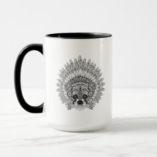 Racoon In Feathered War Bonnet Doodle Mug