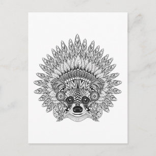 Racoon In Feathered War Bonnet Doodle Postcard