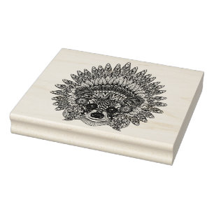 Racoon In Feathered War Bonnet Doodle Rubber Stamp