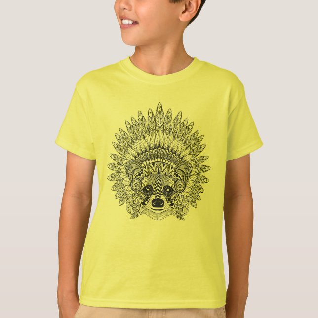 Racoon In Feathered War Bonnet Doodle T-Shirt (Front)
