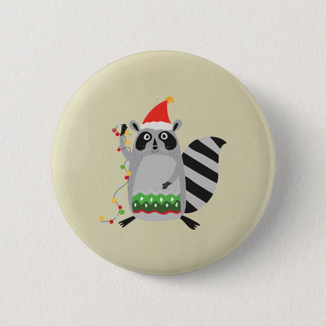 Racoon In Santa Hat Tangled Up In Holiday Lights 6 Cm Round Badge (Front)