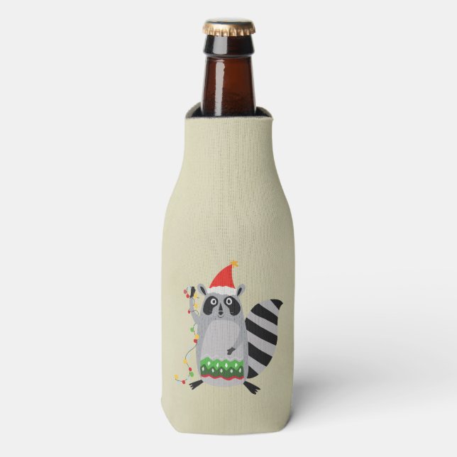 Racoon In Santa Hat Tangled Up In Xmas Lights Bottle Cooler (Bottle Front)