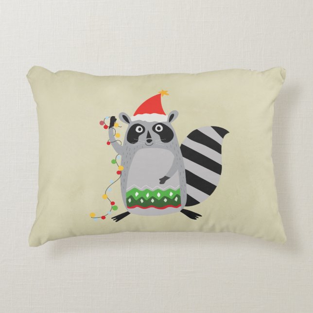 Racoon In Santa Hat Tangled Up In Xmas Lights Decorative Cushion (Front)